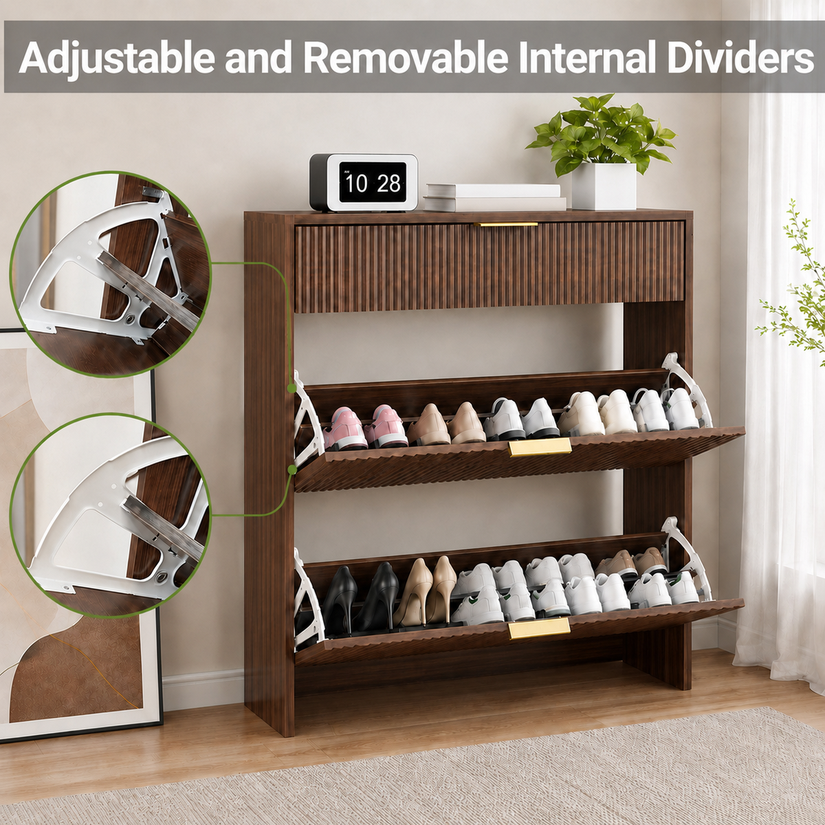 Narrow Fluted Shoe Storage Cabinet for Entryway