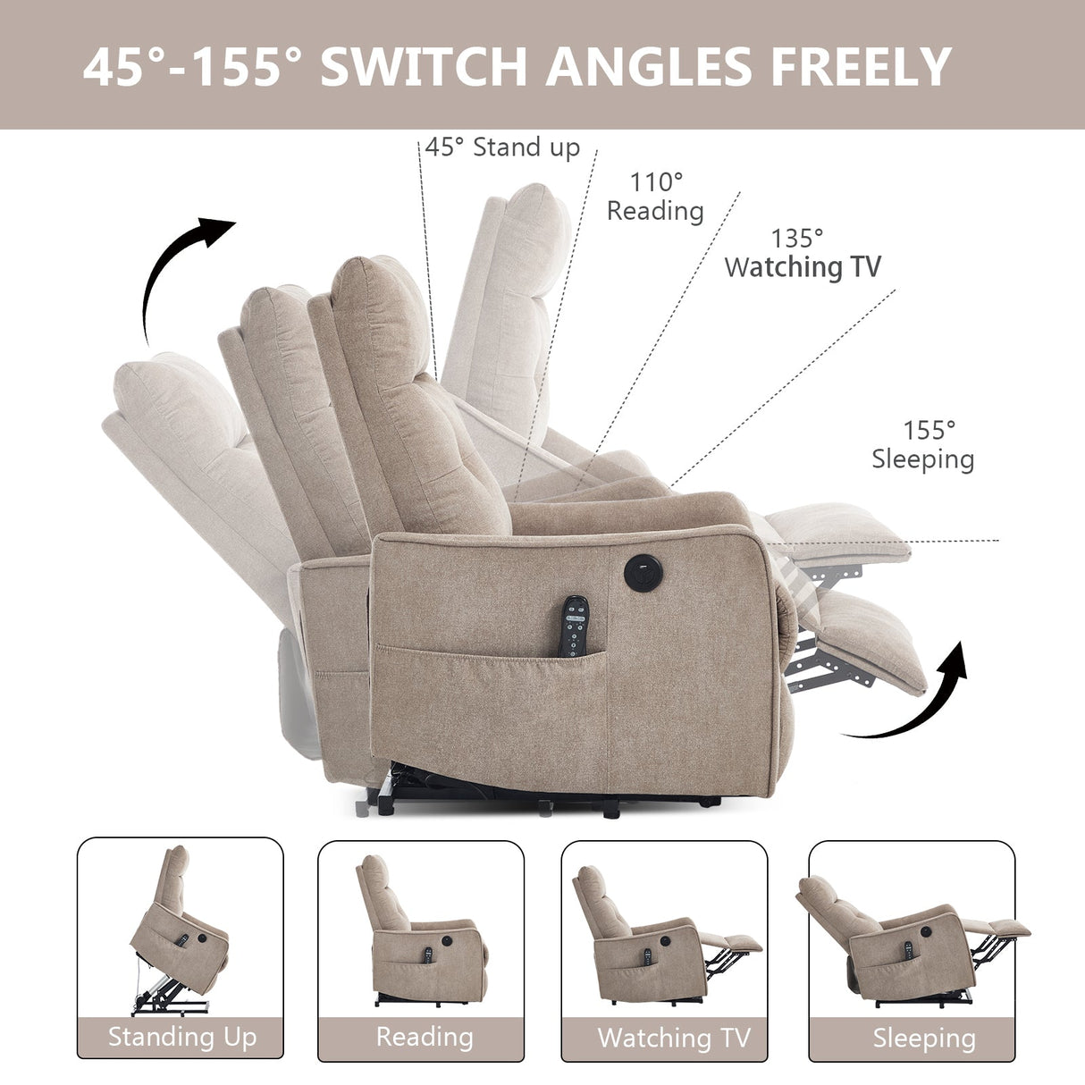 Khaki Chenille Power Lift Recliner Chair with Massage and Heat