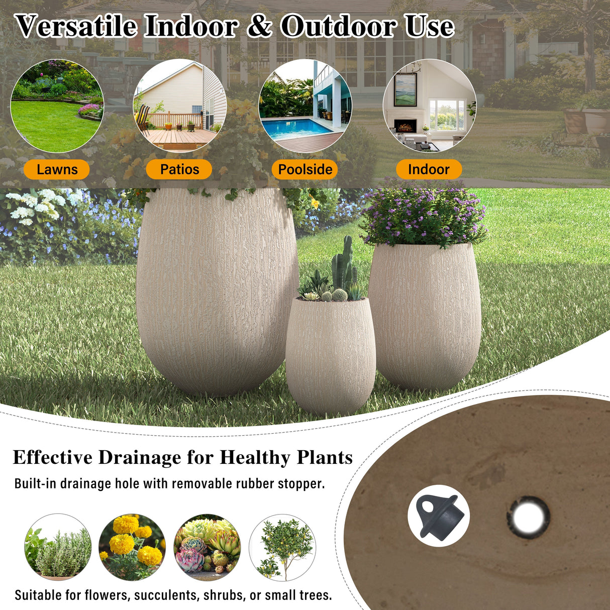 U_Style Egg-Shaped Lightweight MGO Outdoor Planter Set of 3