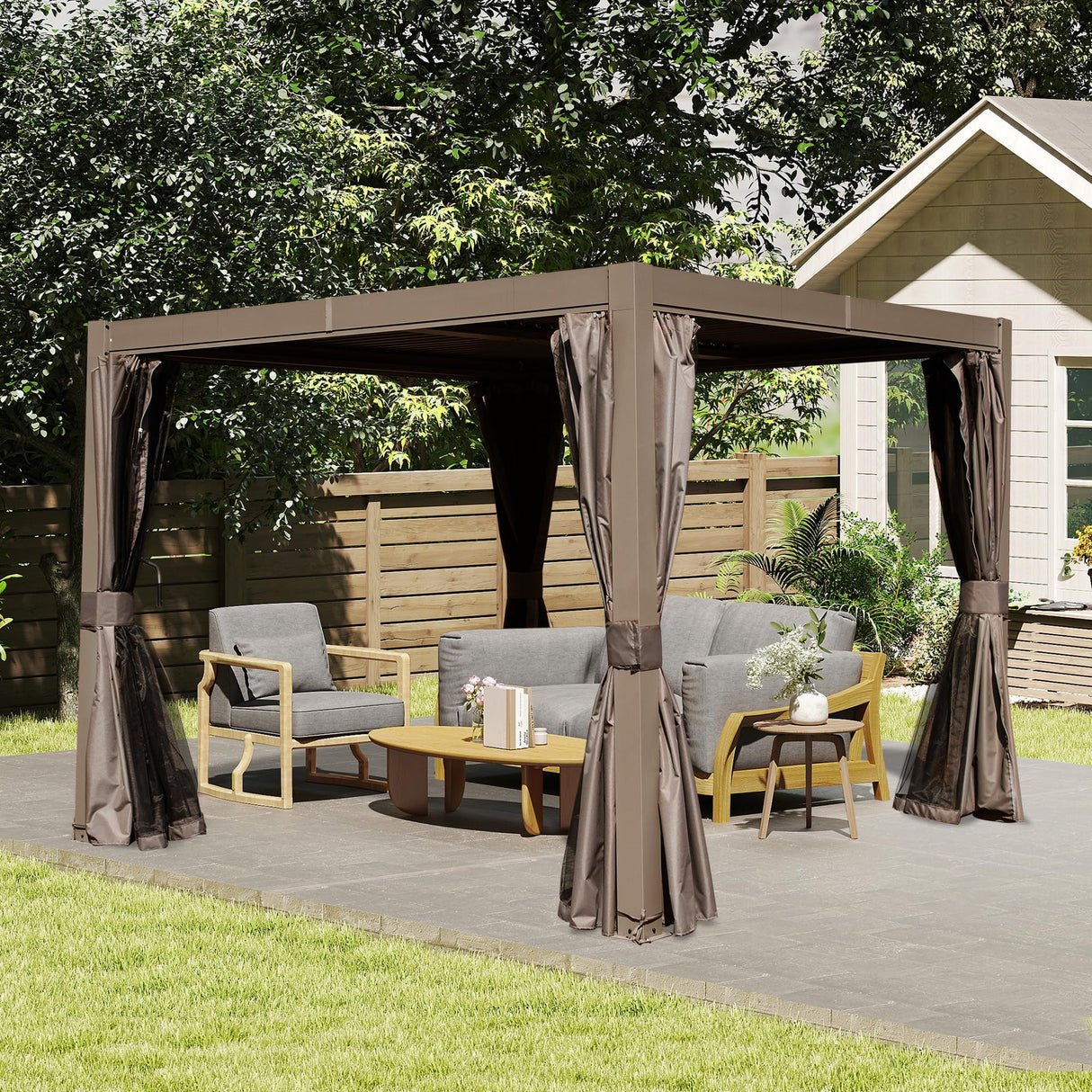 10x10 FT Outdoor Louvered Pergola with Adjustable Louvers - Brown