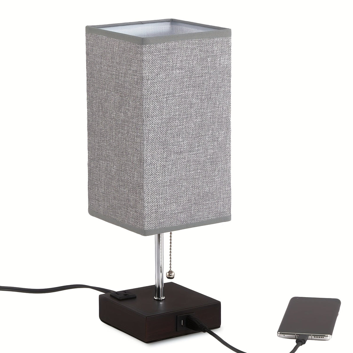 Touch Table Lamp with USB & Outlet – Modern Fabric Shade Bedside Light for Bedroom