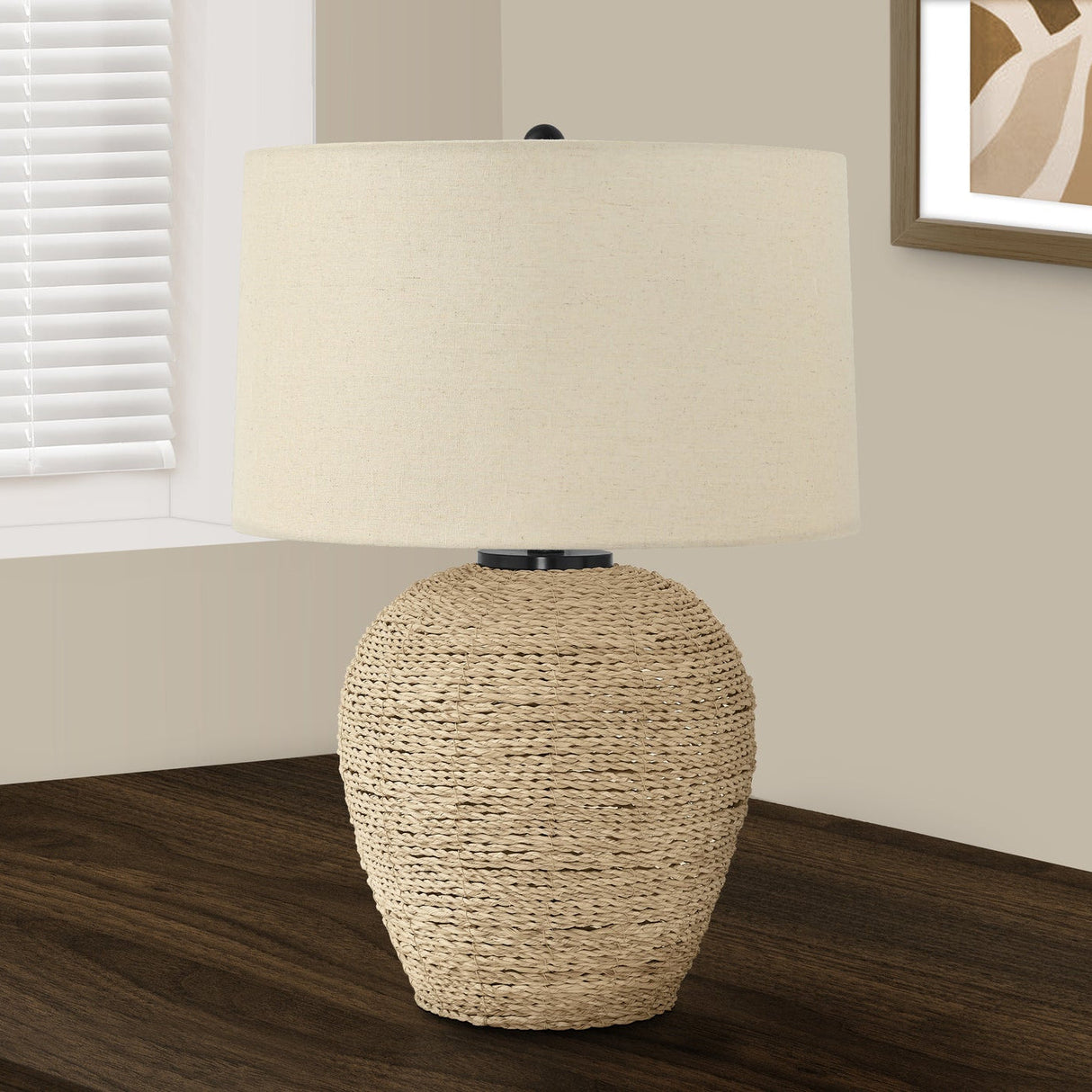 25" Table Lamp with Rattan Base and Linen Drum Shade