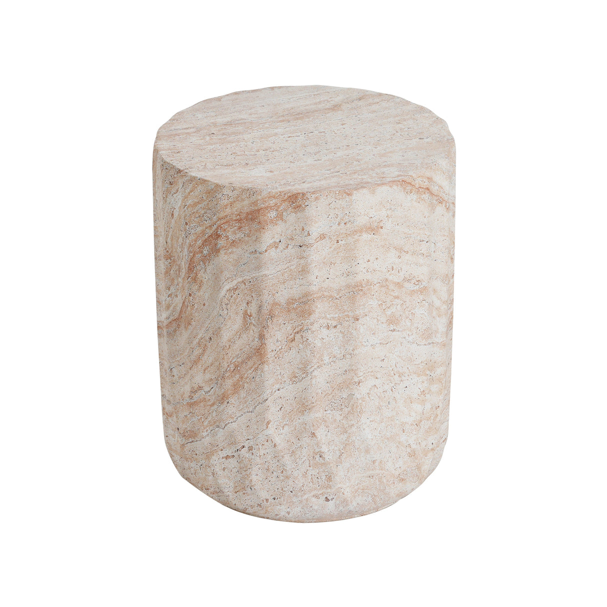 Elegant Indoor/Outdoor Lightweight Concrete Cylinder Side Table with Travertine Finish Beige