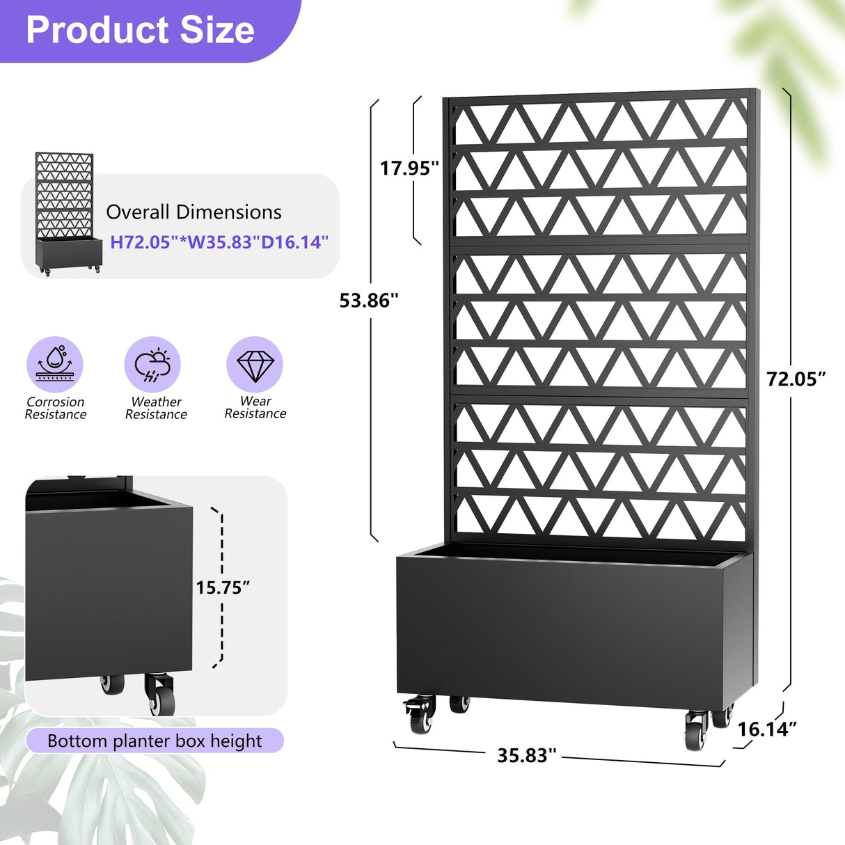 Metal Planter Box with Trellis Raised Garden Bed - 72.05'x35.83'x16.14', Trellis Privacy Screen for Climbing Plants, Vegetables, Vines(Assembly Required)