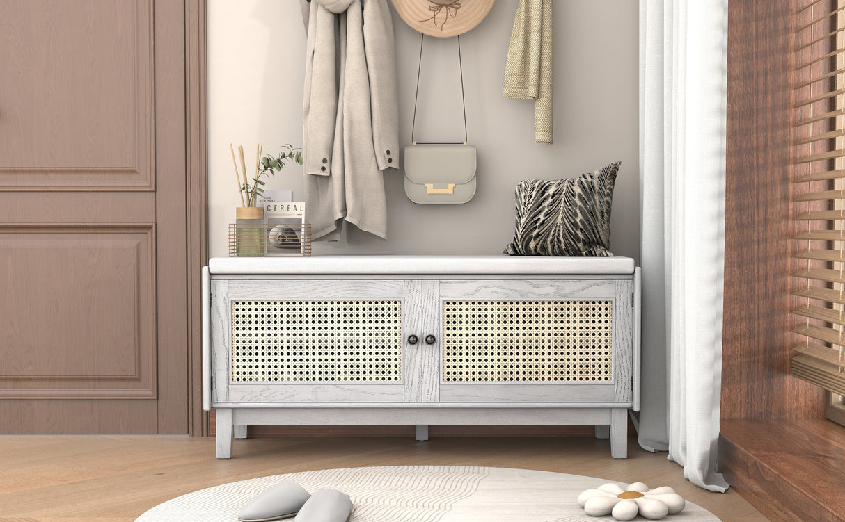 TREXM Boho Rattan Entryway Bench with Storage