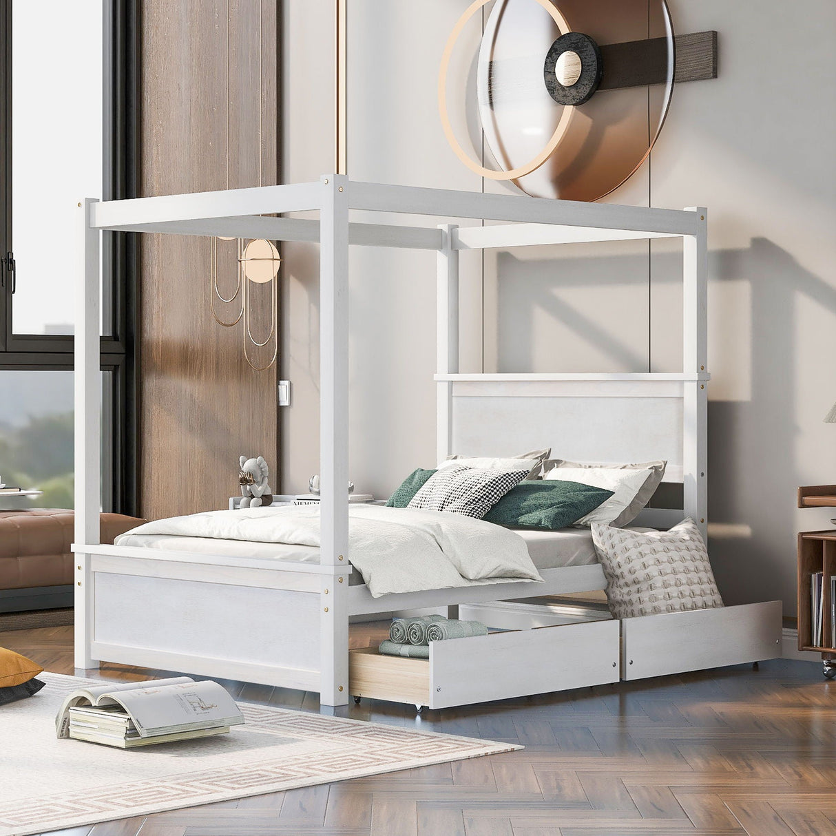 Canopy Platform Bed With Drawers, Support Slats, No Box Spring Needed