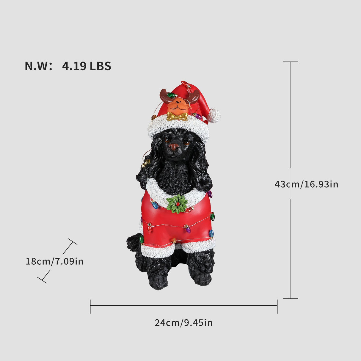 Festive Black Poodle Christmas Statue