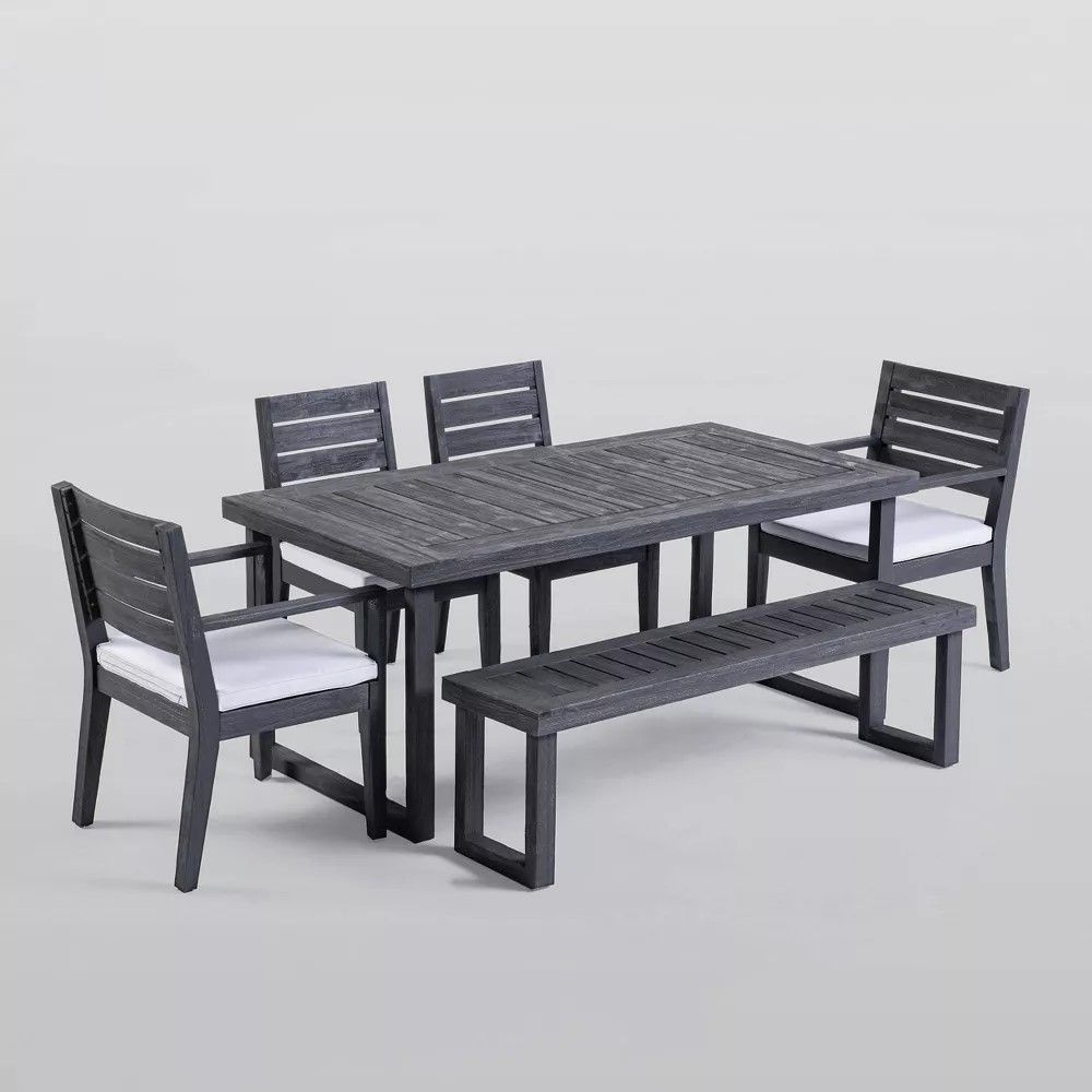 Outdoor 6 Seater Dining Set With Bench - Dark Gray / Light Gray