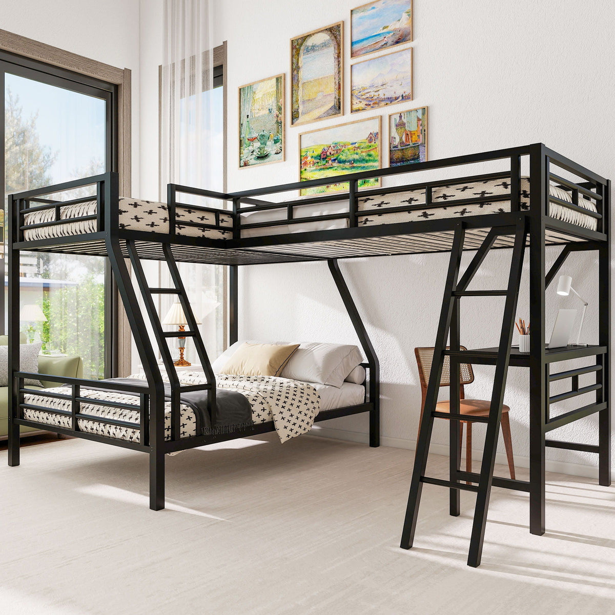 Twin Over Full Bunk Bed With Loft And Desk, L-Shaped Design For 3 Sleepers - Black