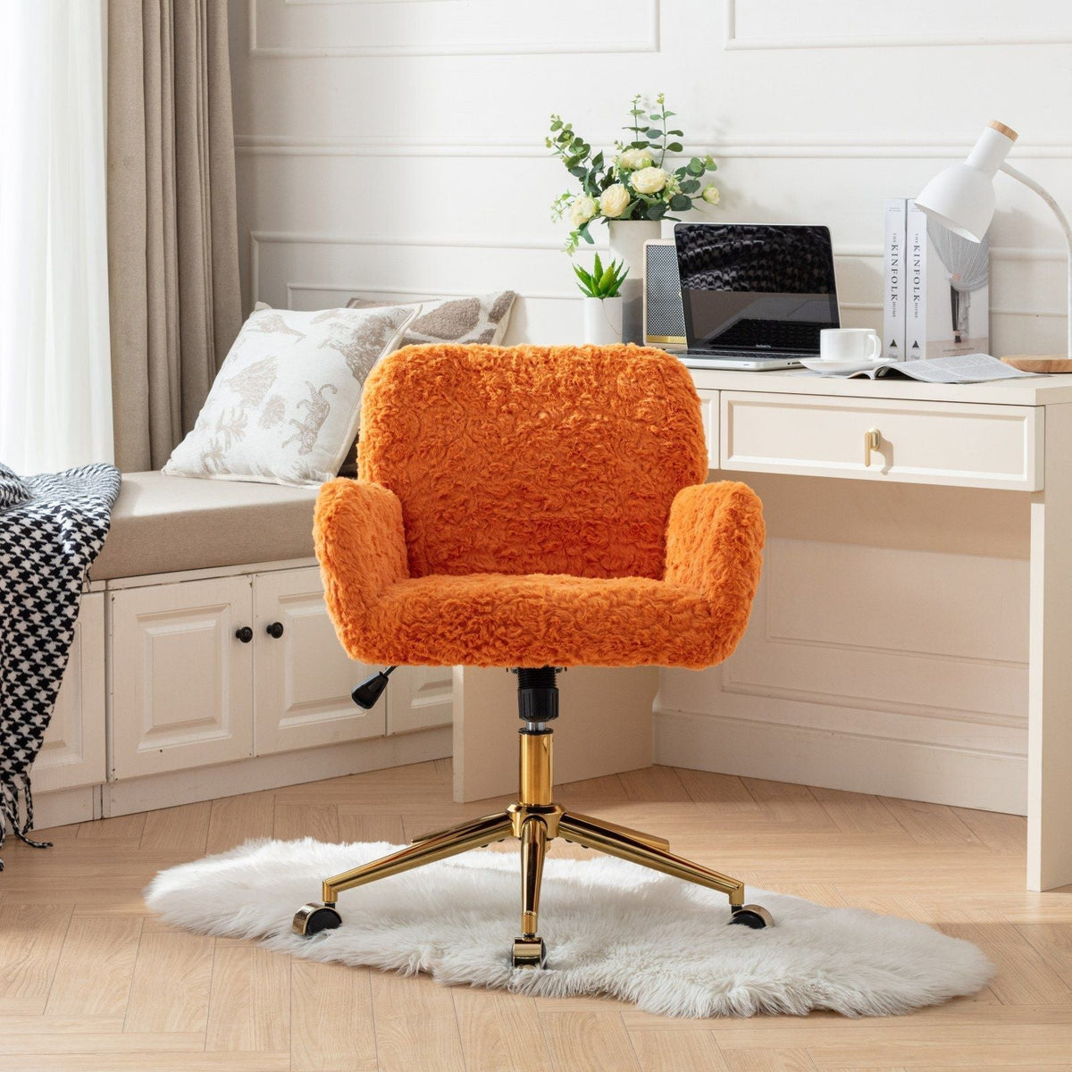 Office Chair, Artificial Rabbit Hair Home Office Chair With Metal Base, Adjustable Desk Chair Swivel Office Chair, Vanity Chair