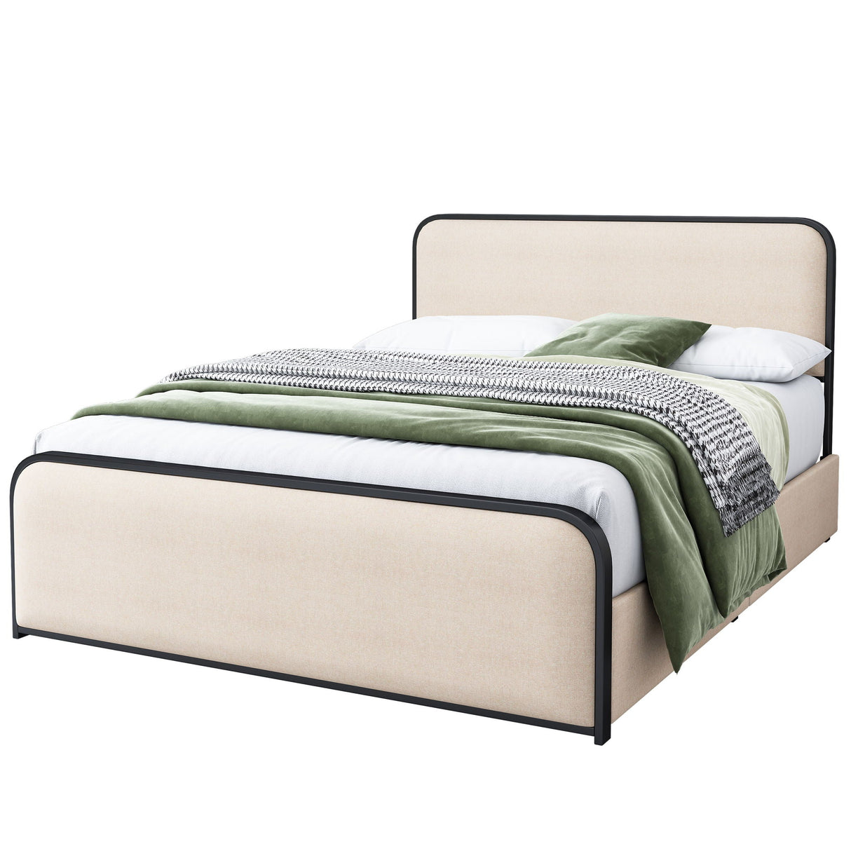 Modern Bed with Curved Upholstered Headboard and Footboard
