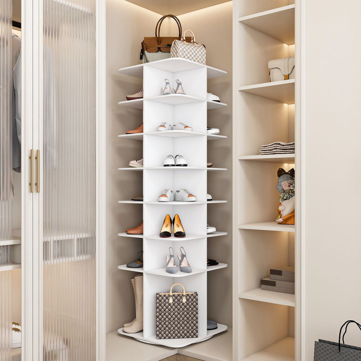 7 Tier Square Rotating Shoe Rack Tower with 360° Spinning Organizer - White