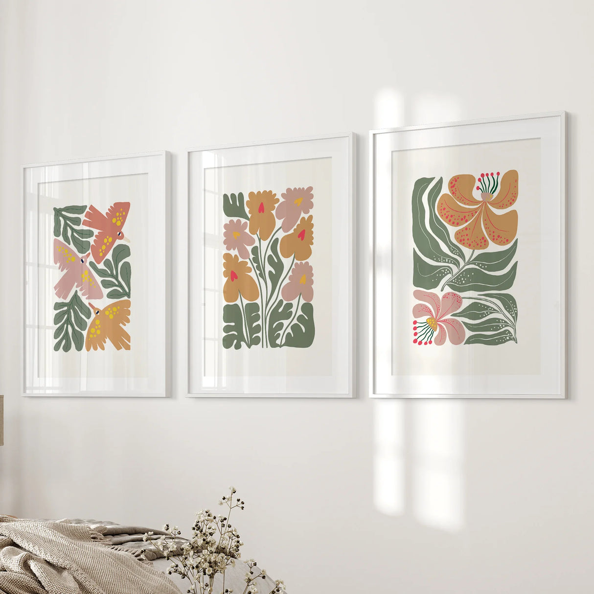 Abstract Botanical Set of 3 Prints. Retro Flower Gallery Art