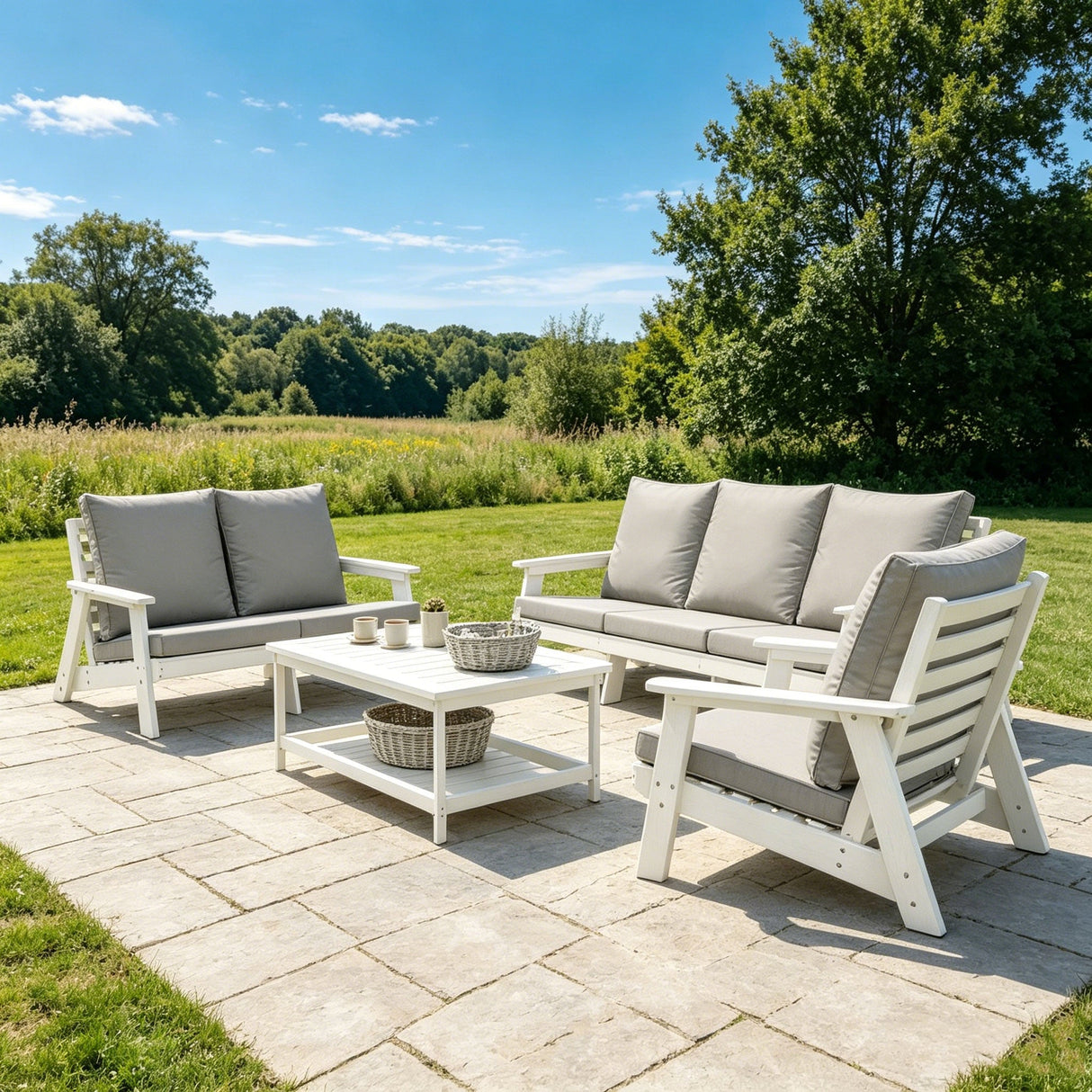HIPS Loveseat with Cushion, Wood Grain Outdoor Garden Sofa