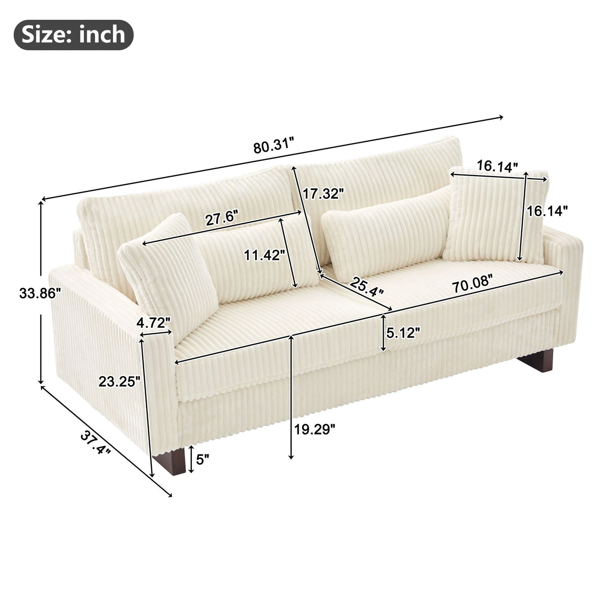 Modern Loveseat Sofa with 4 Pillows - Fabric Upholstery - Beige, Black, or Dark Gray