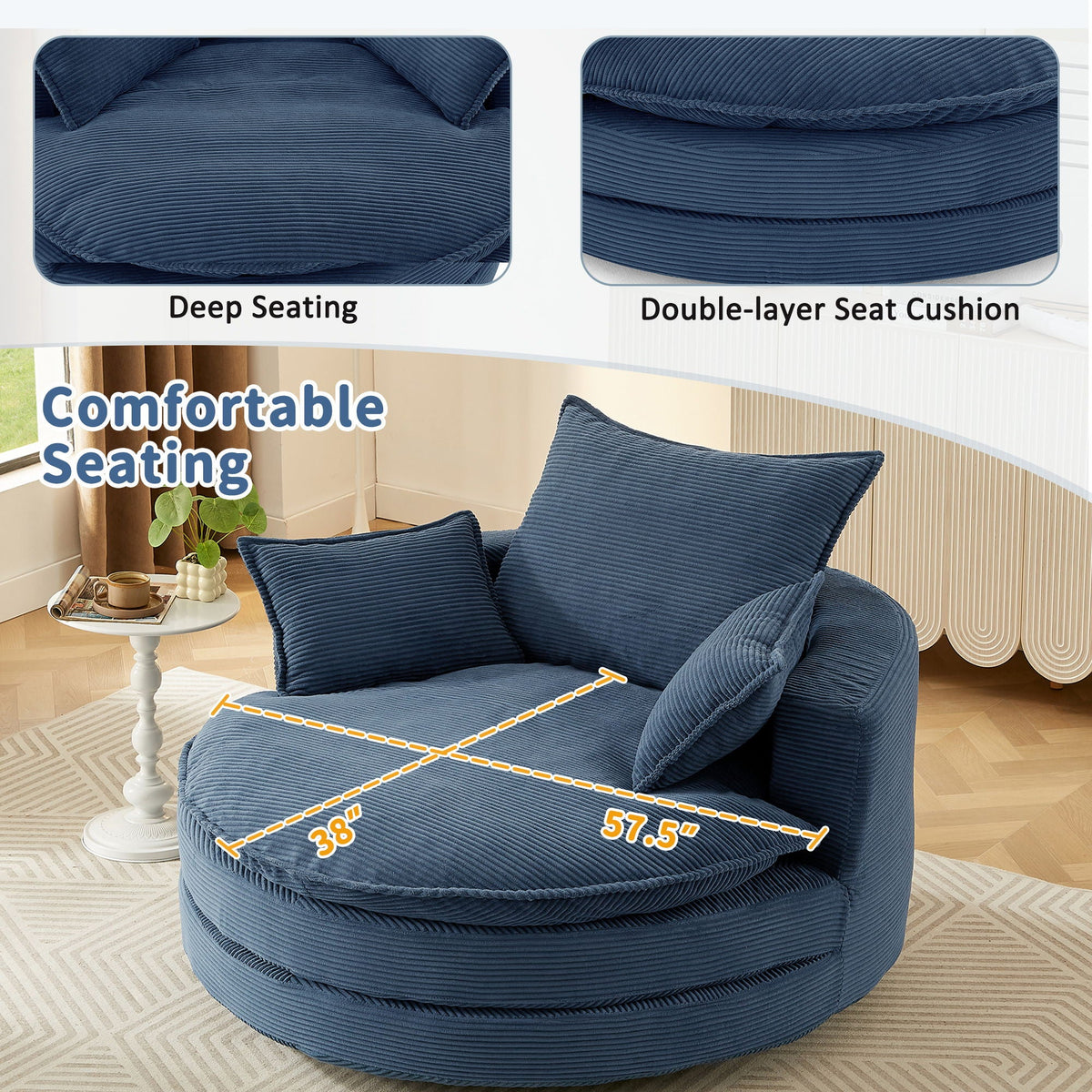 360° Swivel Accent Barrel Chair With Dual Layer Cushion And 3 Removable Pillows