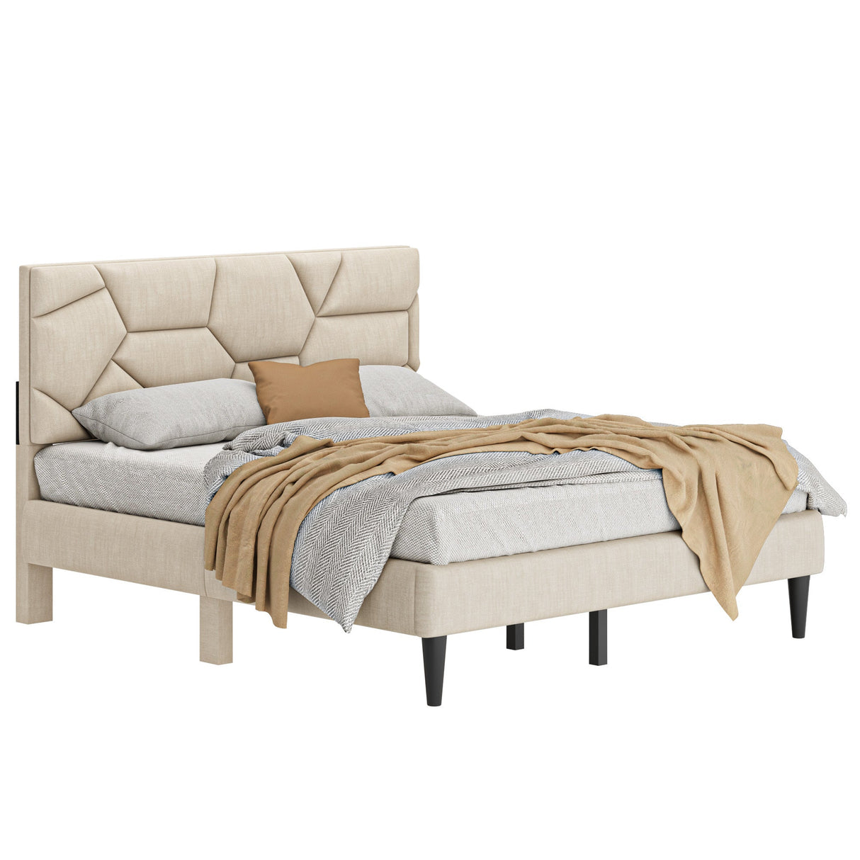 Queen Bed Frame with Linen Storage Headboard in Beige