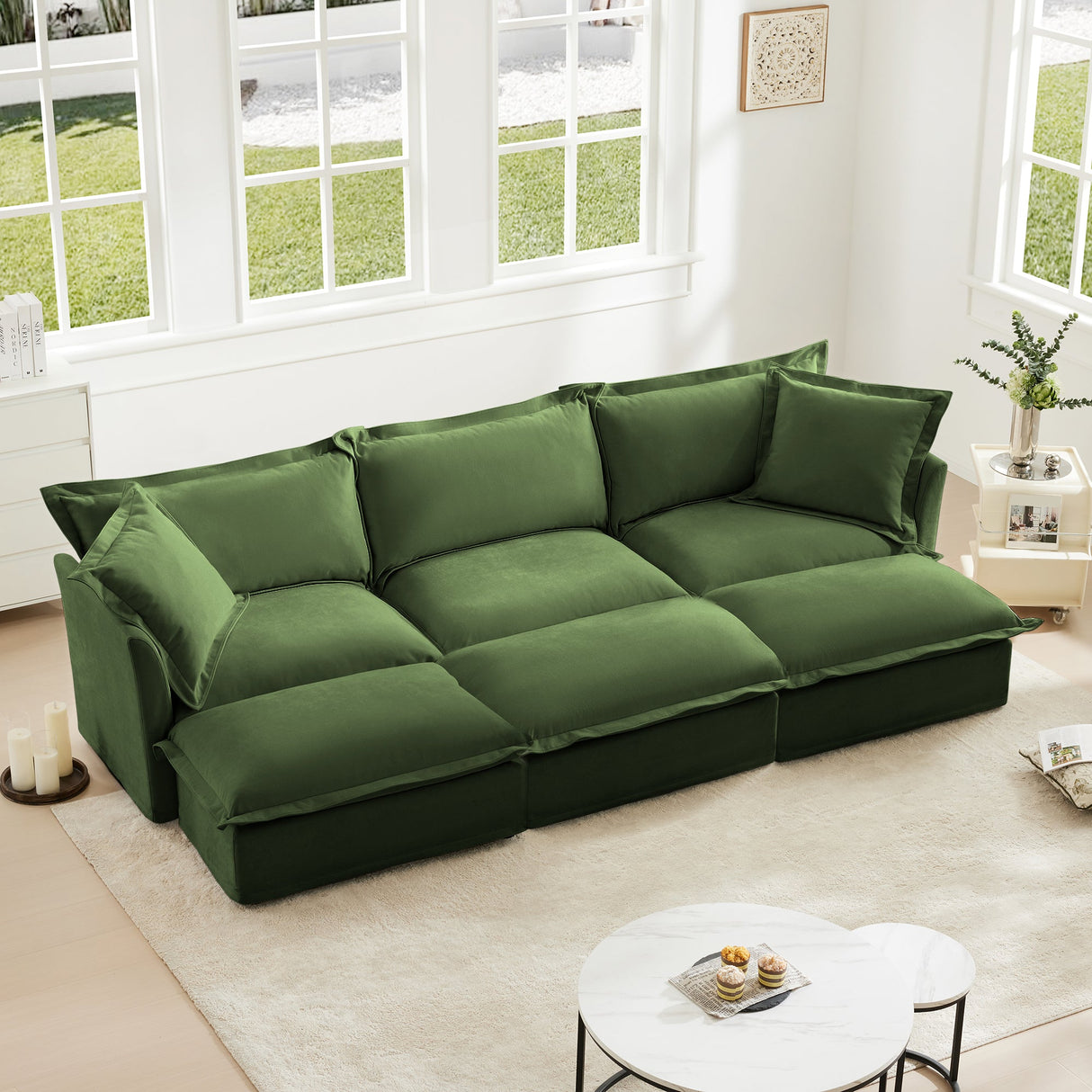 Chenille 3-Seat Slipcovered Sofa with Ottomans