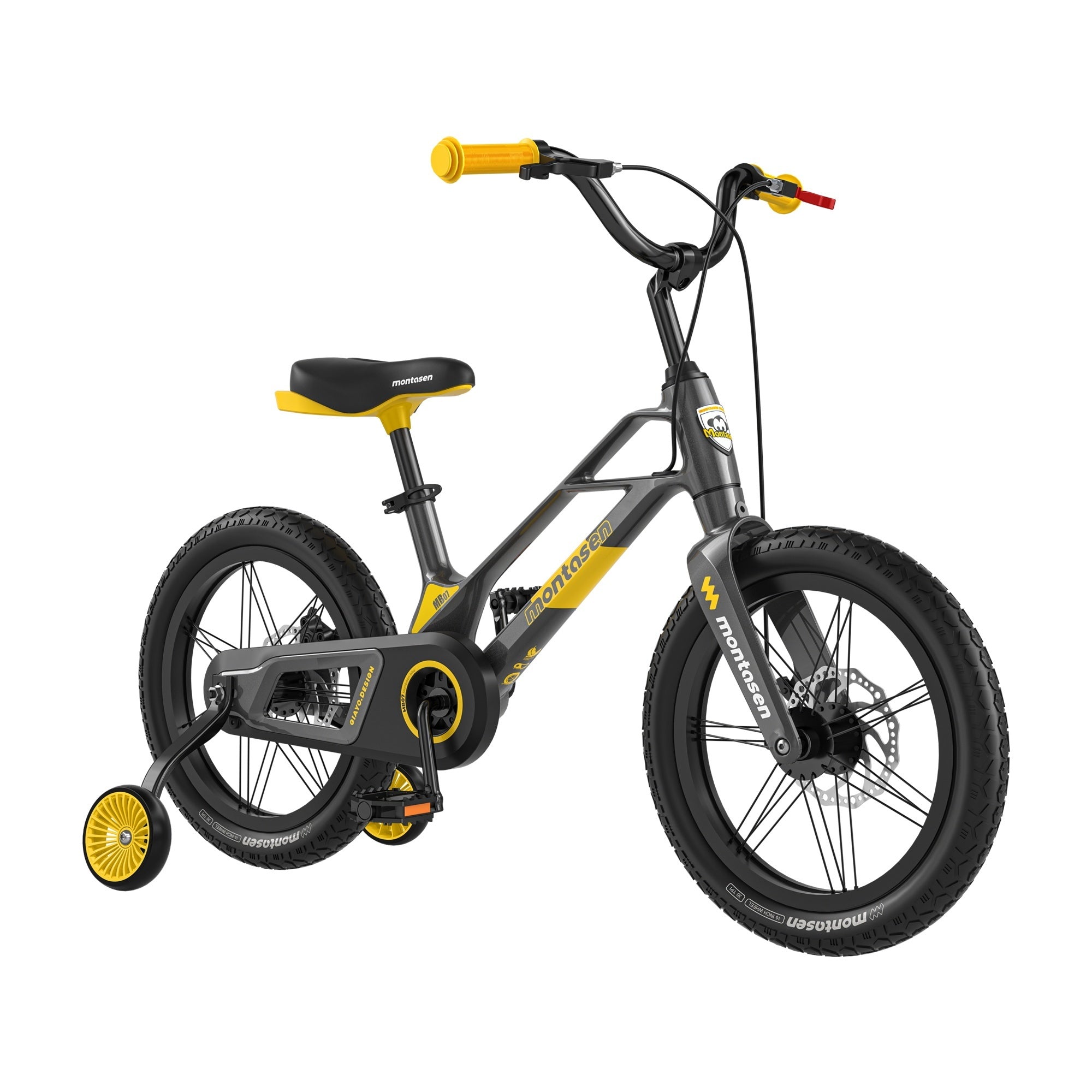 Montasen-Kids-Bike-16-Inch-Bicycle-for-Boys-Girls-Ages-4-8-Years,-Lightweight-Magnesium-Alloy-Frame,-Disc-Adjustable-Handlebar-Training-Wheels-Gray-Yellow-Color-