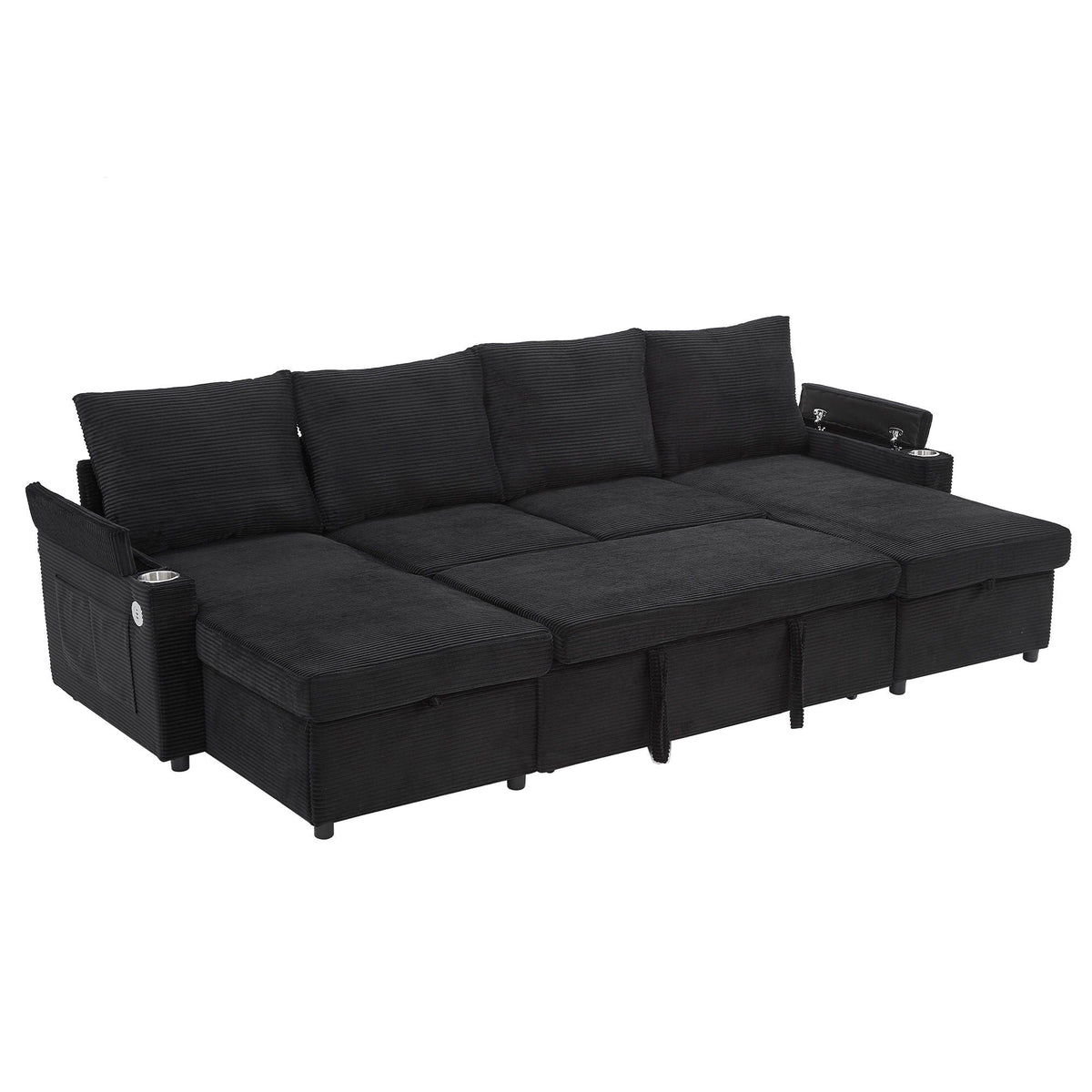 U Shaped Sectional Sofa Bed With Storage Chaise Lounges, USB Ports, And Cup Holders
