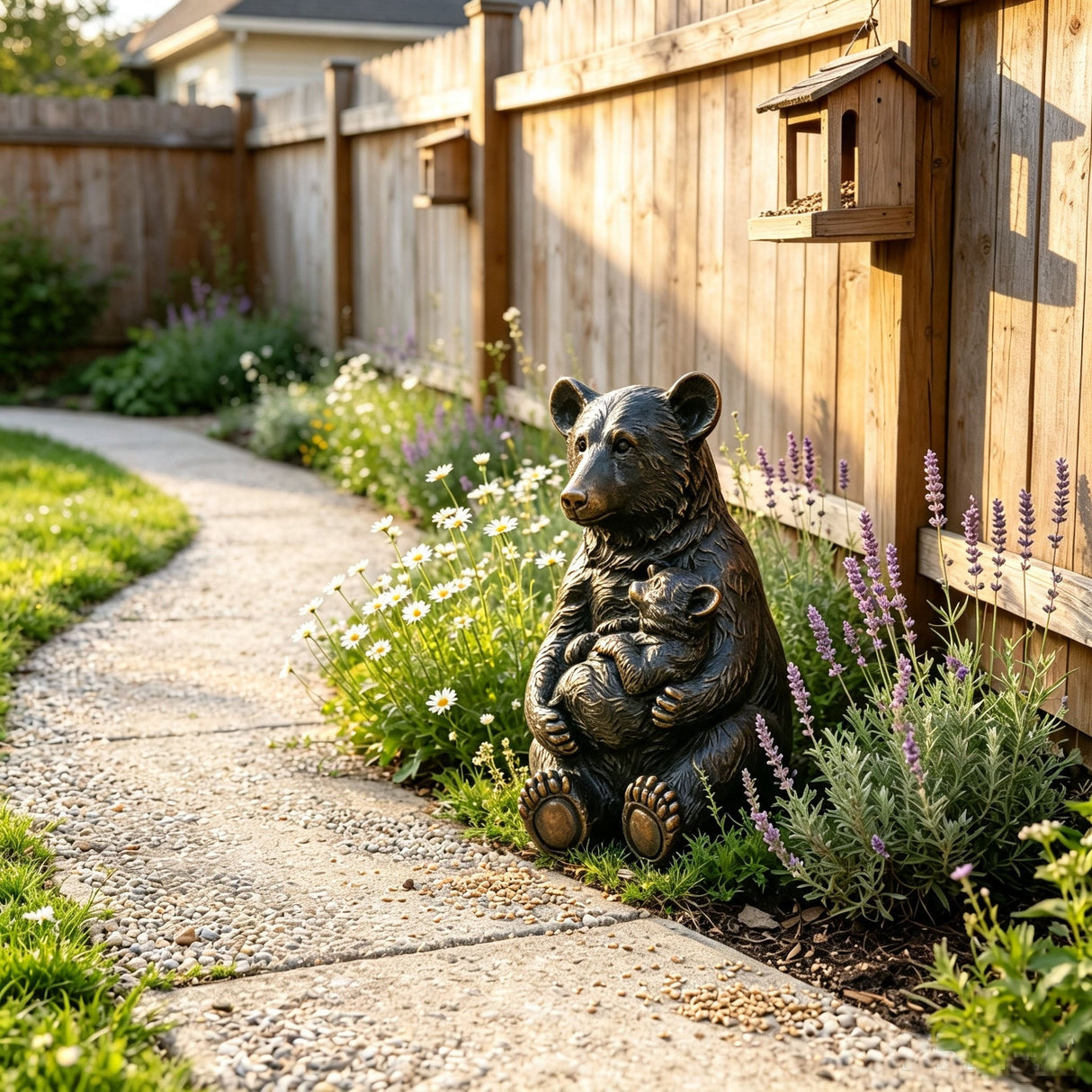 14" Tall Mother Bear Hugging Cub Garden Statue