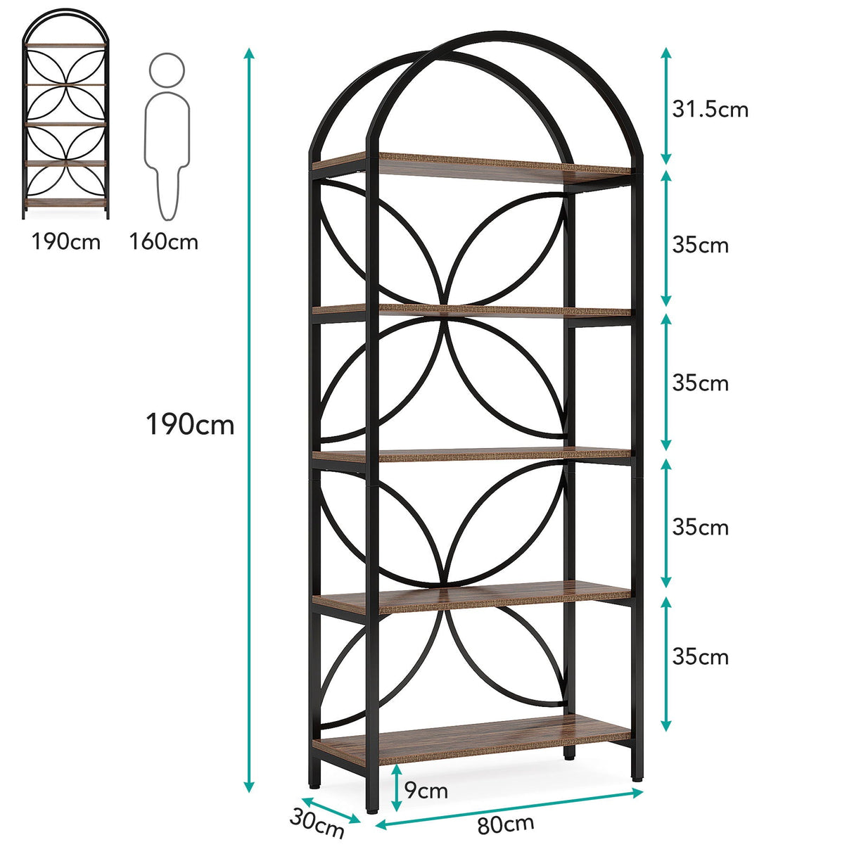 Tall 5 Tier Arched Bookshelf With Shelves For Living Room - Rustic Brown