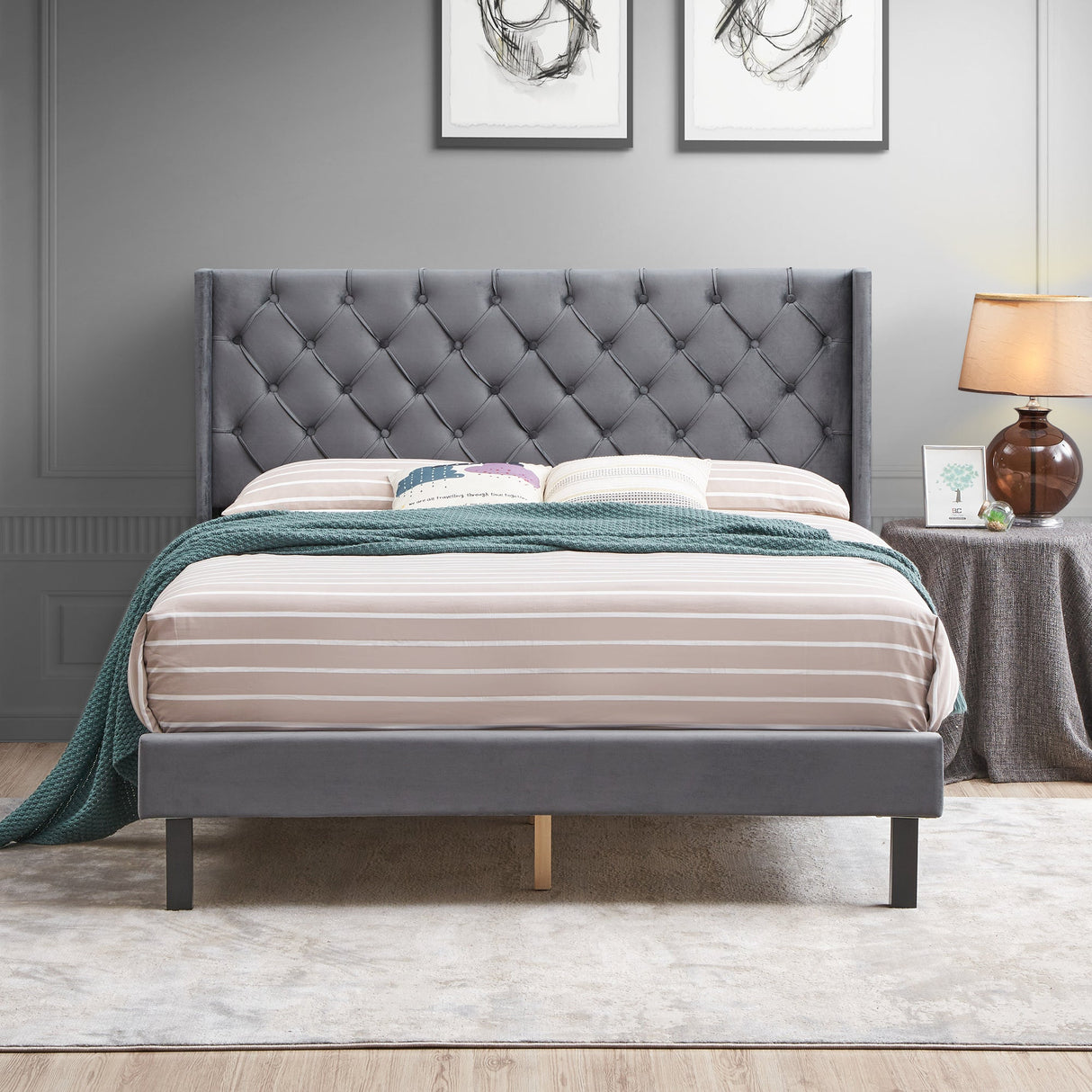 Velvet Button Tufted Upholstered Bed with Wings Design - Queen