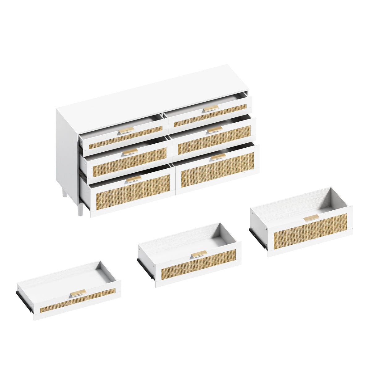 White Rattan Dresser with 6 Drawers, Metal Handles & Wood Legs