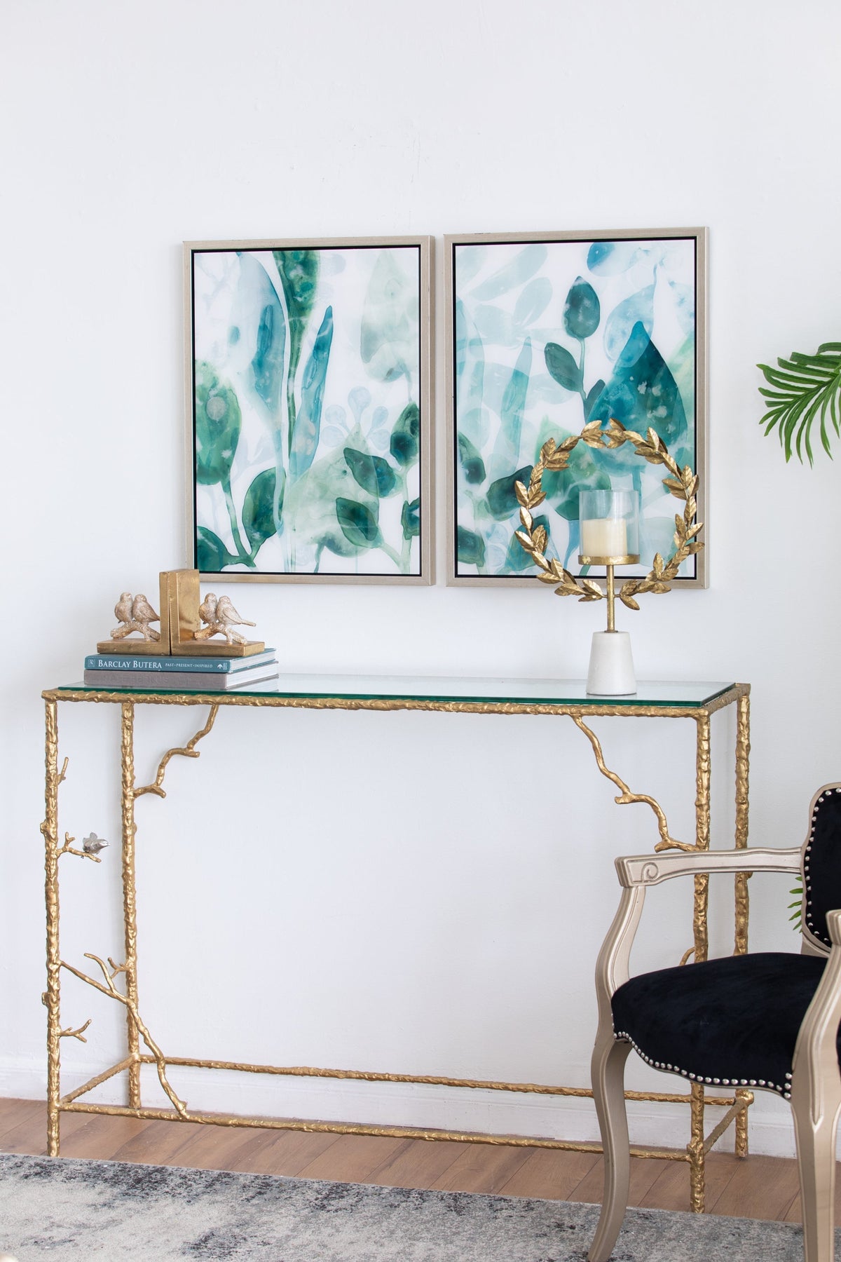 Iron Floral Hurricane Table Lamp with Marble Base - Gold & White