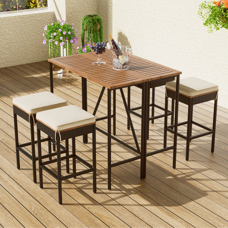 5-Piece-Acacia-Wood-&-Wicker-Folding-Outdoor-Bar-Set-with-Cushions-Outdoor-Dining-Sets