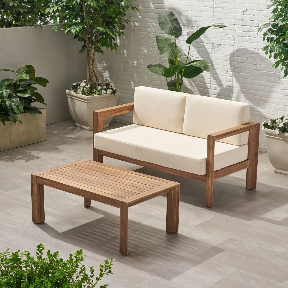 2 Piece Patio Set With Open-Back Loveseat And Coffee Table - Beige / Brown
