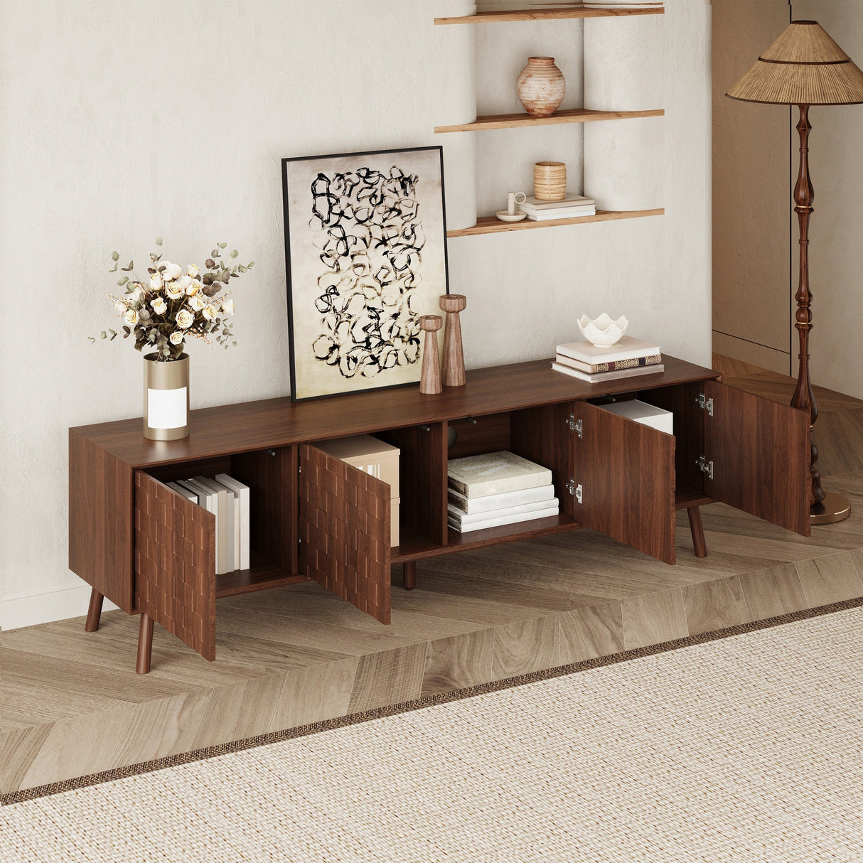 70inch Modern TV Stand for TVs up to 80 Inches with Walnut Legs