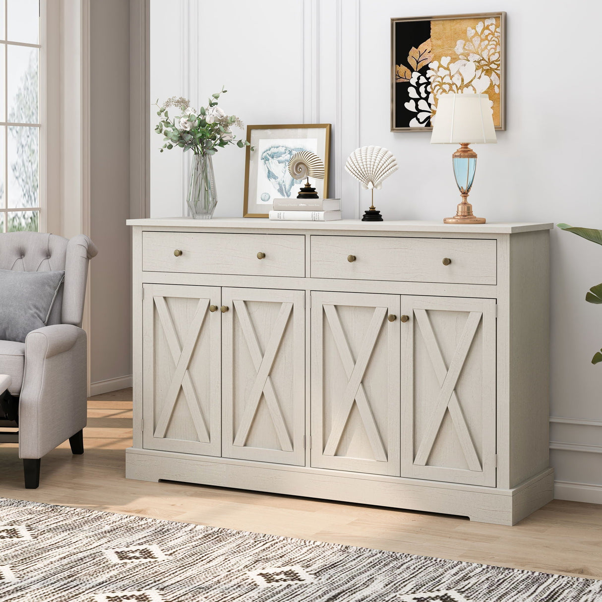 Vintage Sideboard with 2 Drawers and Four Doors for Living Room