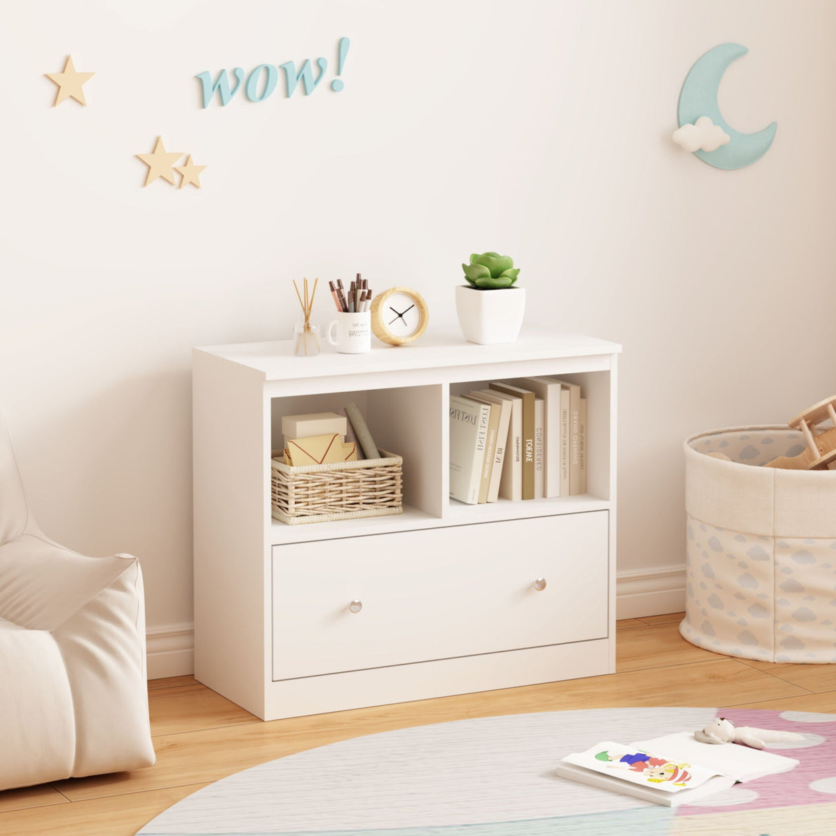 Toy Storage Organizer with Large Drawer and Low Bookshelf for Nursery & Playroom - White