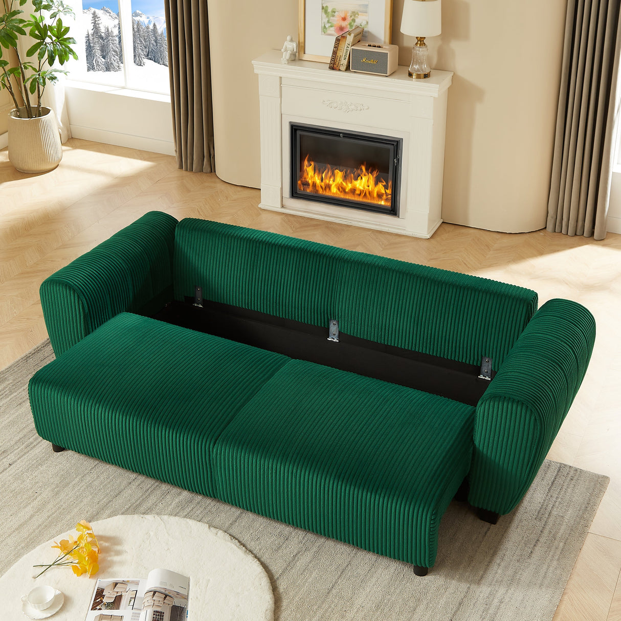 Corduroy Upholstered 3 Seat Sofa Couch 2-in-1 Convertible Green