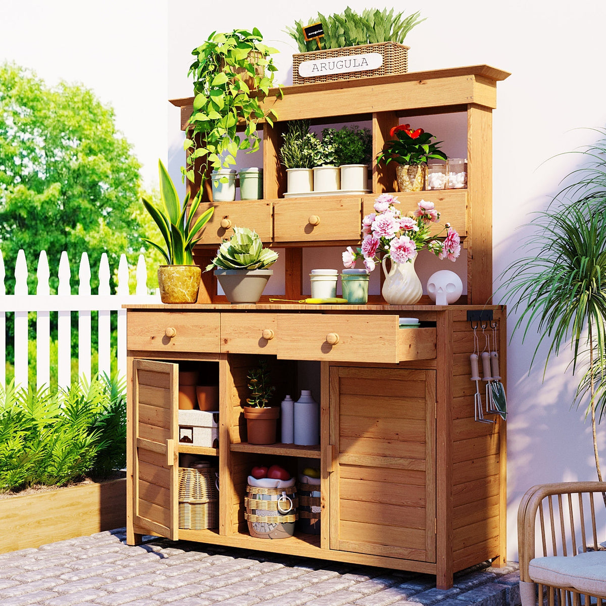 TOPMAX 65.7'' Tall Garden Potting Bench Table with Hutch
