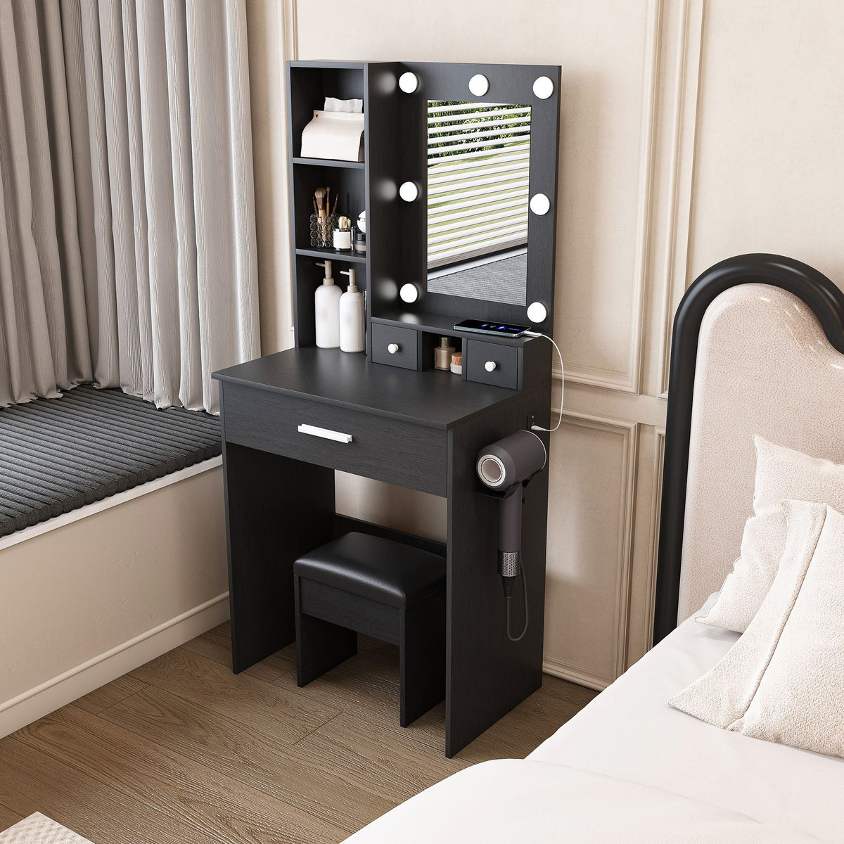 Vanity Set with Mirror, Adjustable LED Lights & Power Outlet - Wood & Mirror