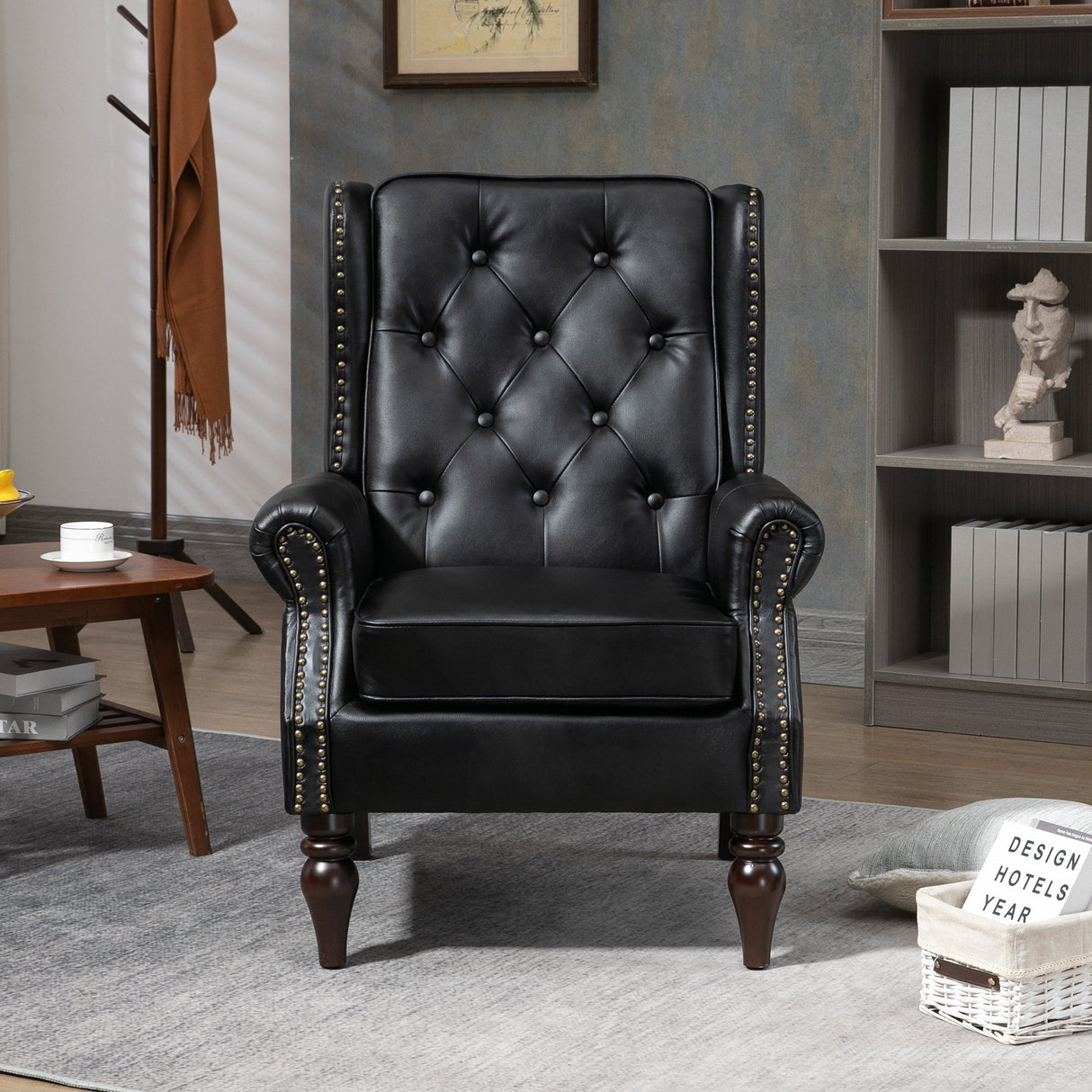 Modern Accent Armchair with Black PU Leather and Wood Legs