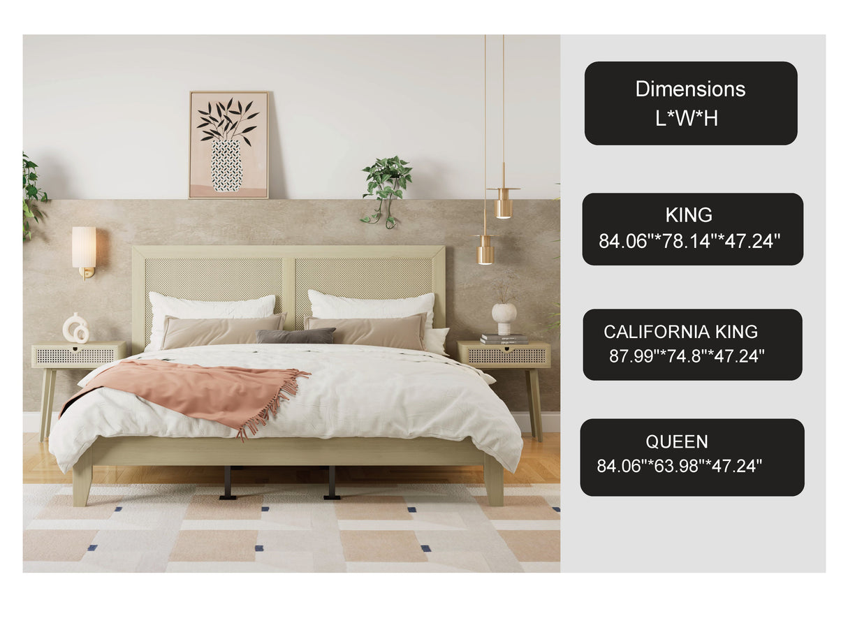 Solid Wood Platform King Bed With Rattan