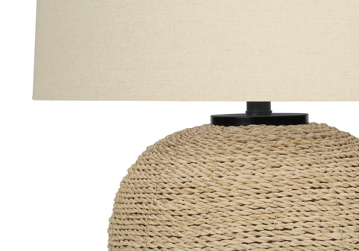 25" Table Lamp with Rattan Base and Linen Drum Shade