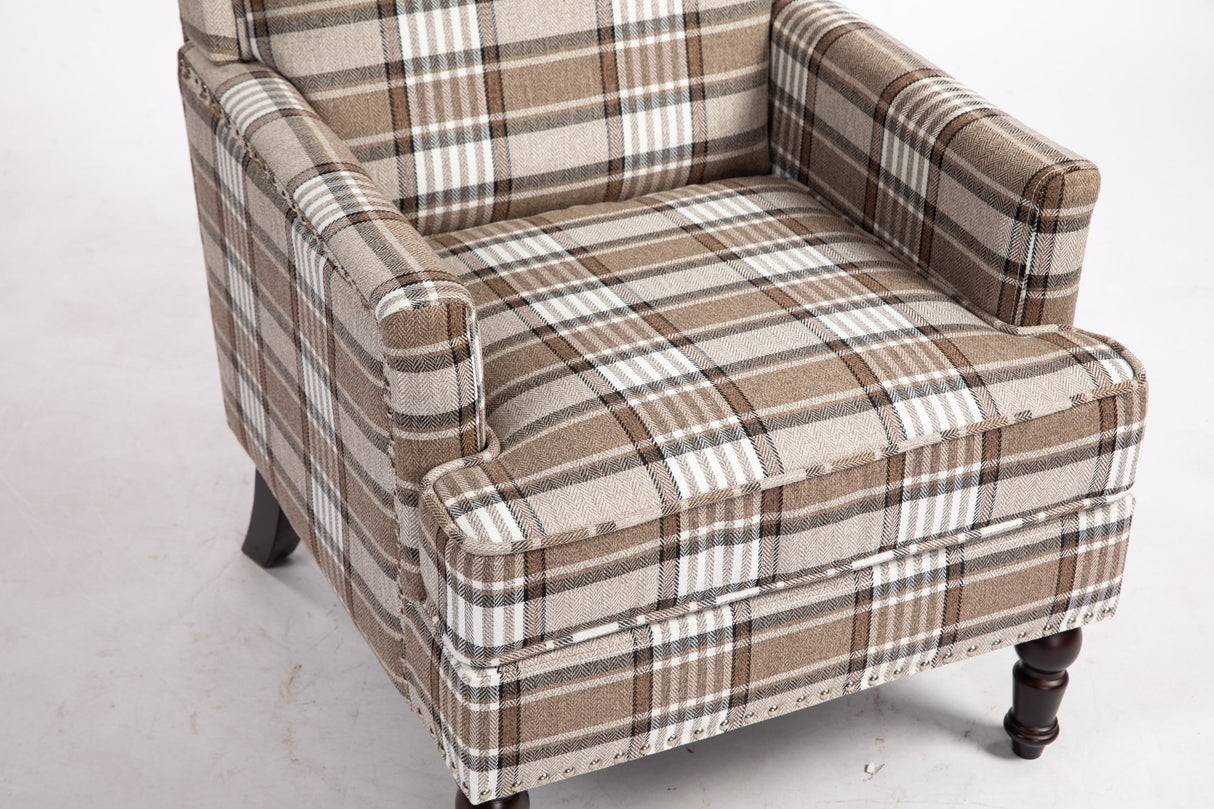 Upholstered Accent Chair with Brown Linen Fabric and Nailhead Trim