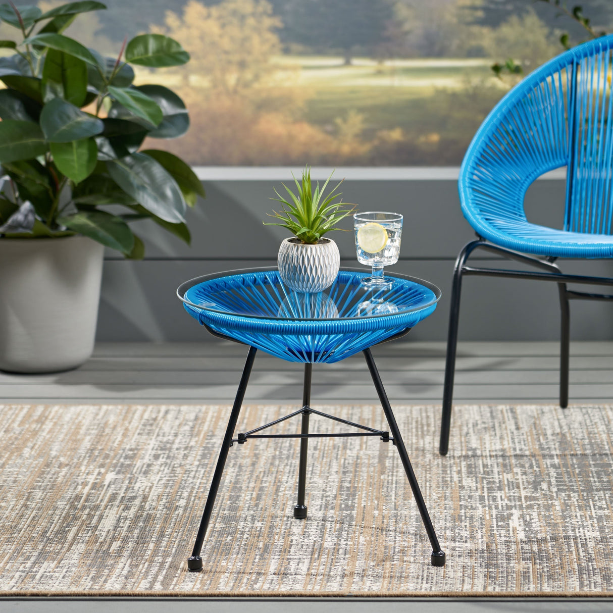 NUSA Modern Rattan Side Table with Tempered Glass Top in Blue