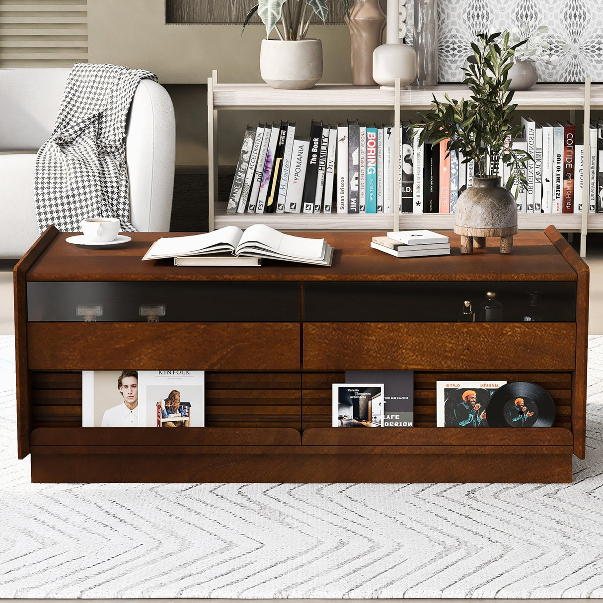 Modern Rectangle Coffee Table with 4 Drawers and 2 Display Shelves
