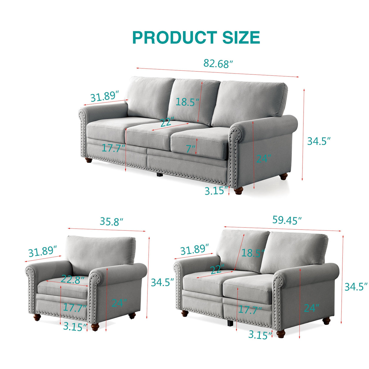 Living Room Single Seat Sofa Chair with Wood Legs in Grey Fabric