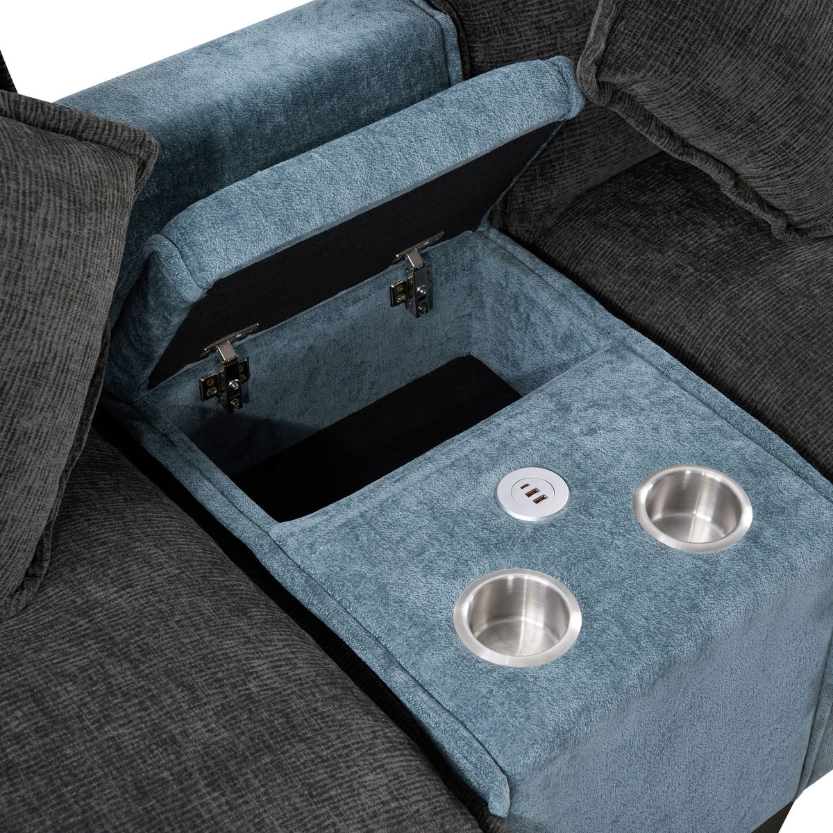 Sectional Sofa With Removable Ottomans, USB Ports, Cup Holders & Storage - Gray / Light Blue