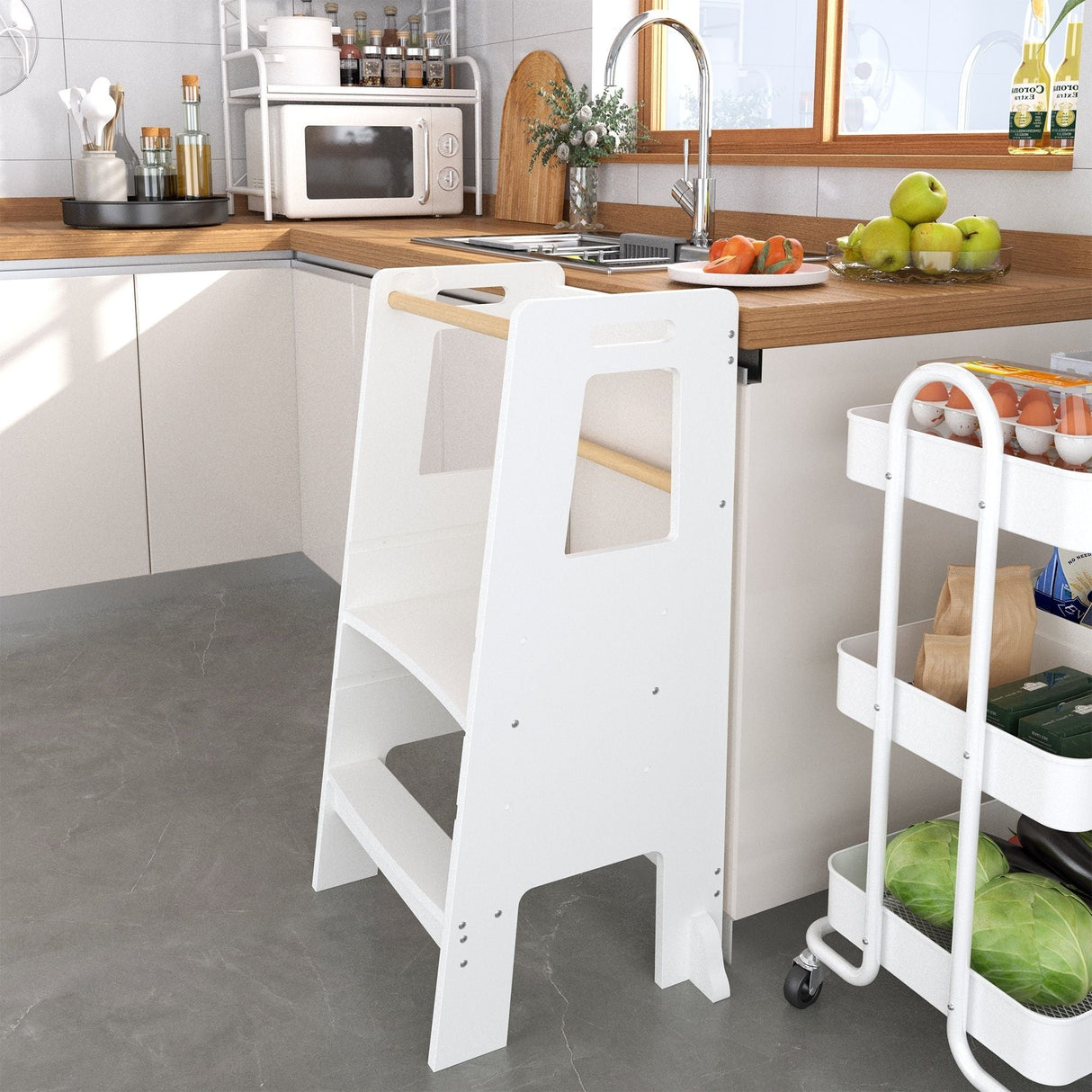 Standing Tower Child Kitchen Step Stool Toddler Montessori Stool Adjustable Height - White