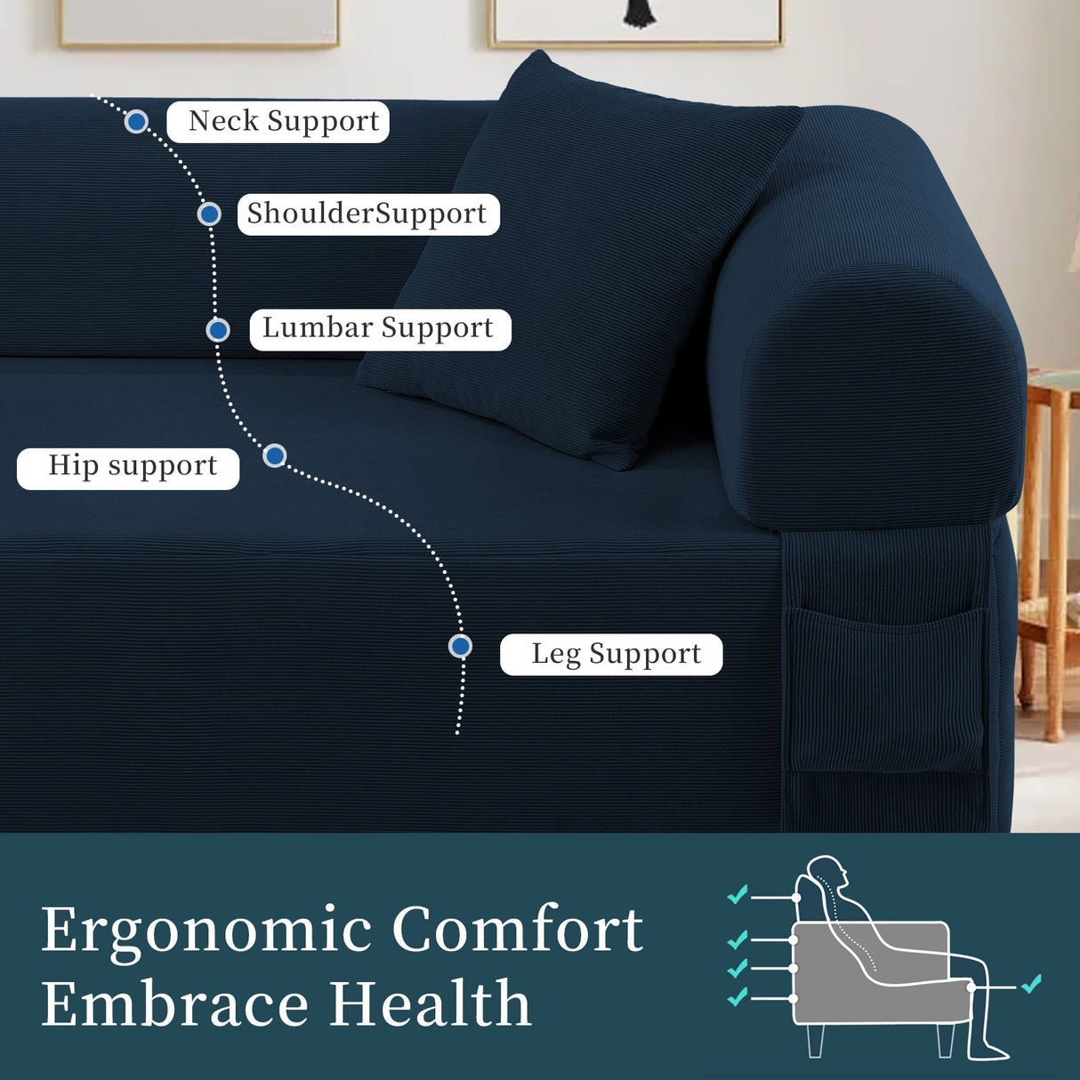 Spring Sofa with High-Quality Fabric, Pillows & Storage - Blue