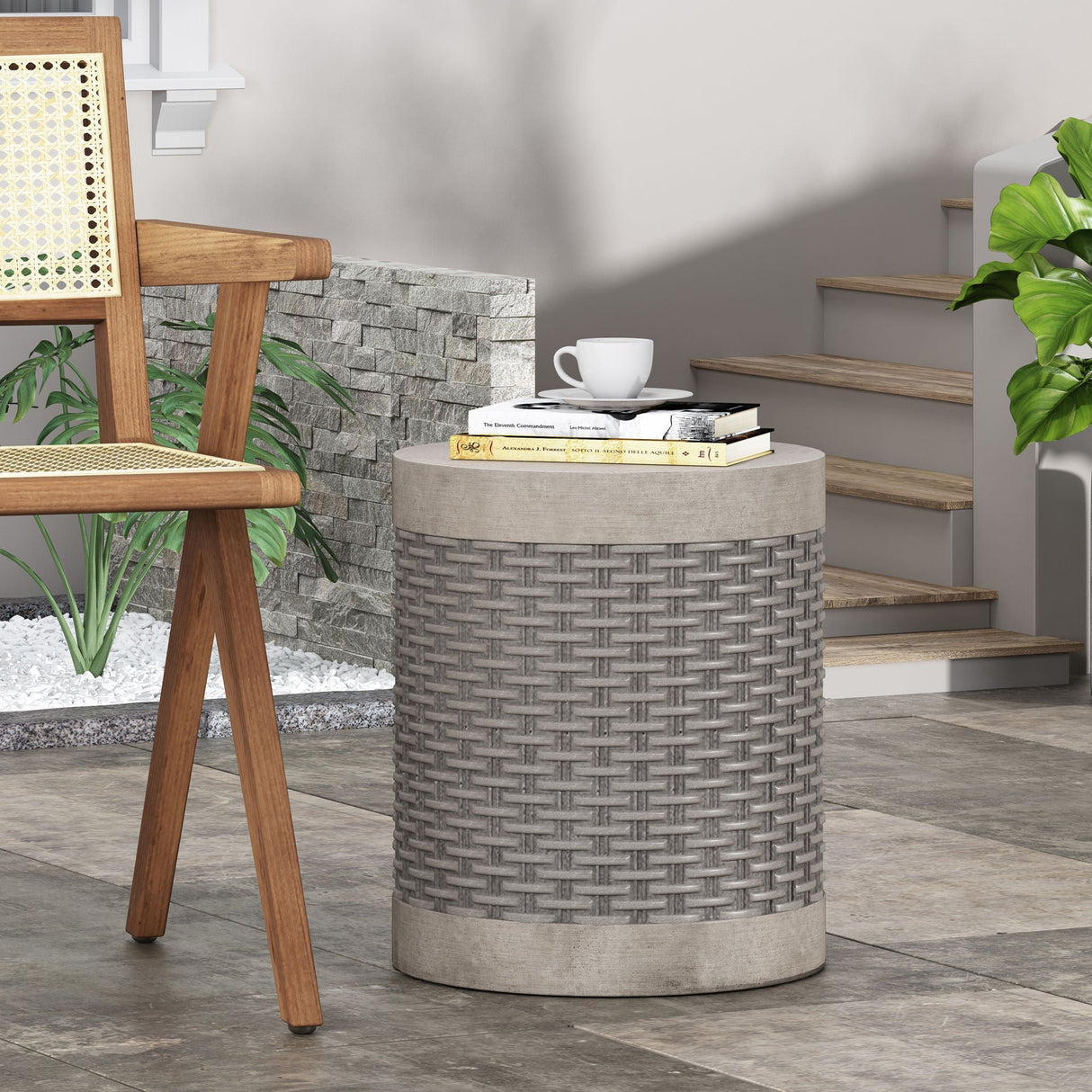 Outdoor Lightweight Round Concrete End Table - Natural