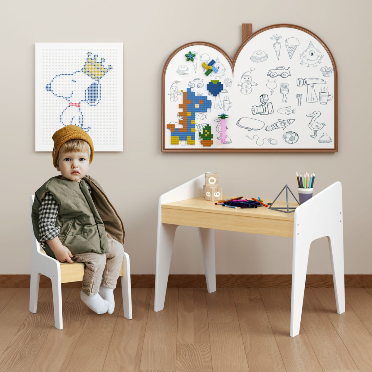 Table Set With 1 Chair, Children Study Table For Ages 2 - 8 - White