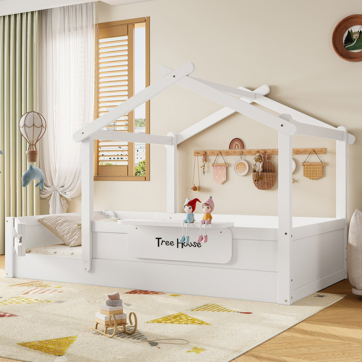 Twin Size Floor Bed with Guardrails and Roof
